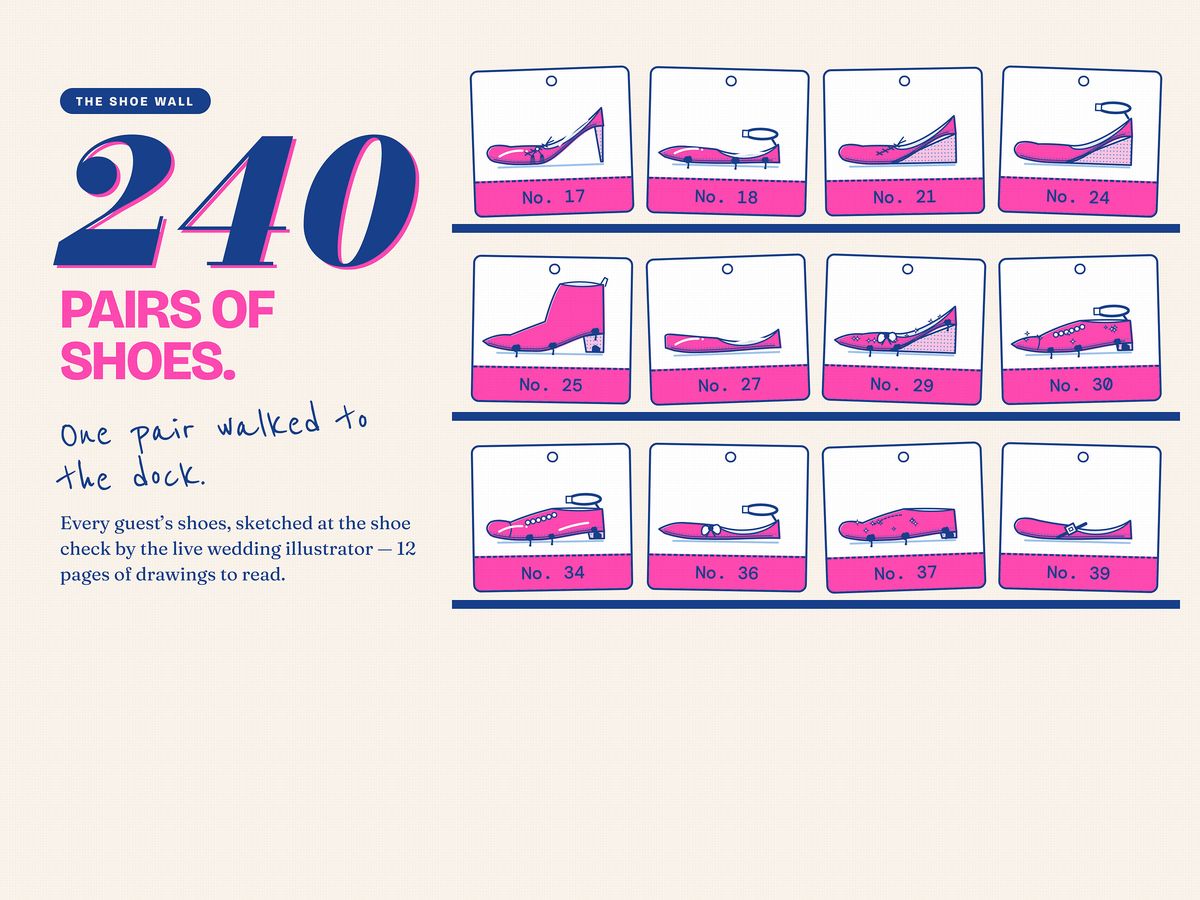The shoe check: every guest's shoes drawn on a wall of numbered tickets