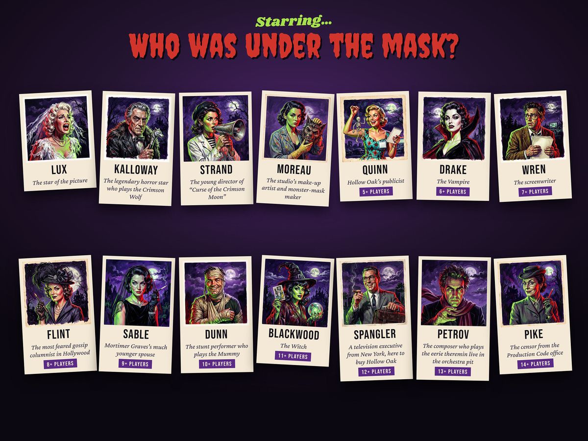 The suspects of Murder at the Monster Matinee, each with a monster costume idea